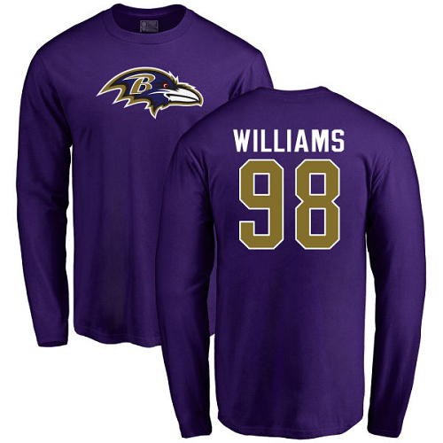 Men Baltimore Ravens Purple Brandon Williams Name and Number Logo NFL Football #98 Long Sleeve T Shirt